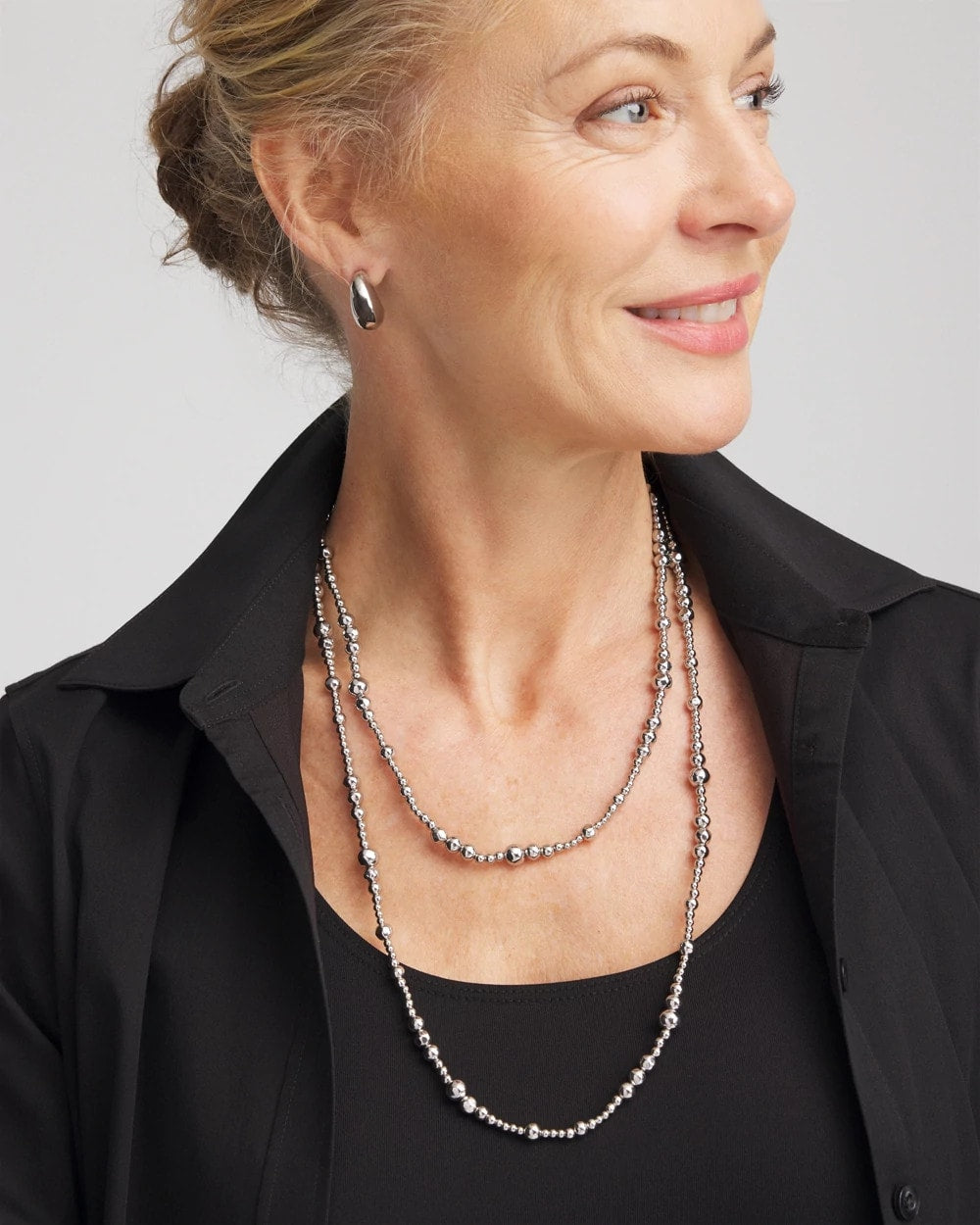 Chico's | Silvertone Long Beaded Necklace/ Silver
