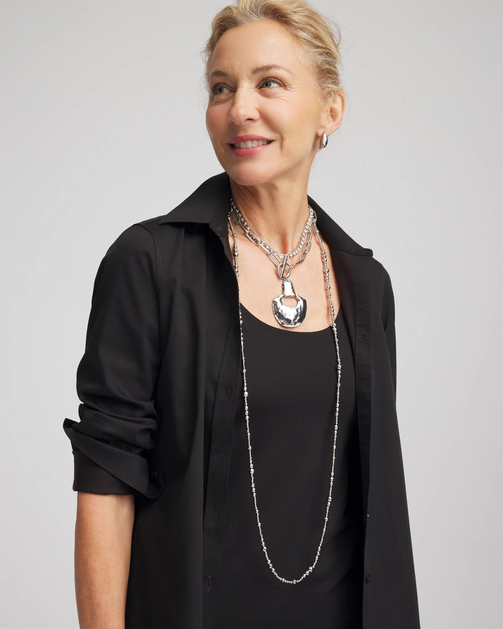 Chico's | Silvertone Long Beaded Necklace/ Silver