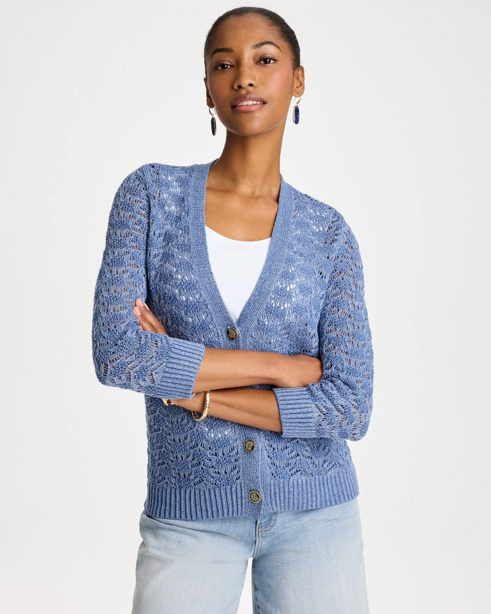 Chico's | Crochet Knit Pointelle Cardigan/ Denim