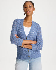 Chico's | Crochet Knit Pointelle Cardigan/ Denim