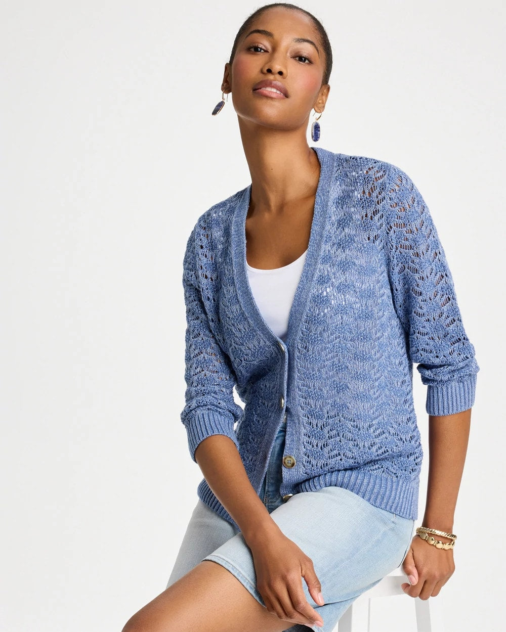 Chico's | Crochet Knit Pointelle Cardigan/ Denim