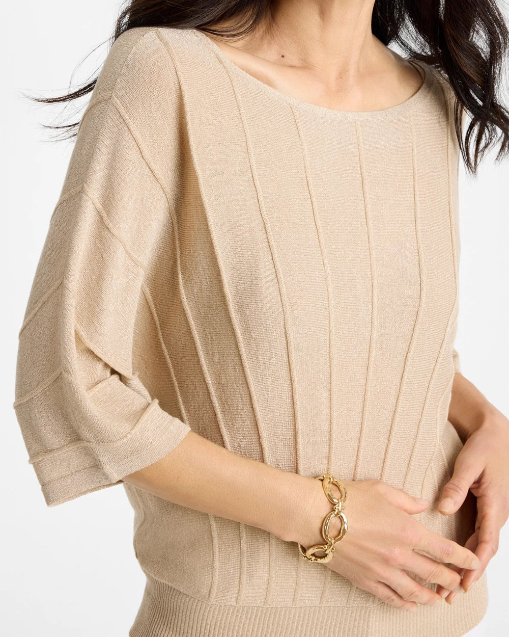 Chico's | Metallic Pleated Dolman Pullover Sweater/ Ecru