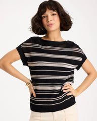 Chico's | Striped Mesh Stitch Pullover Sweater/ Black