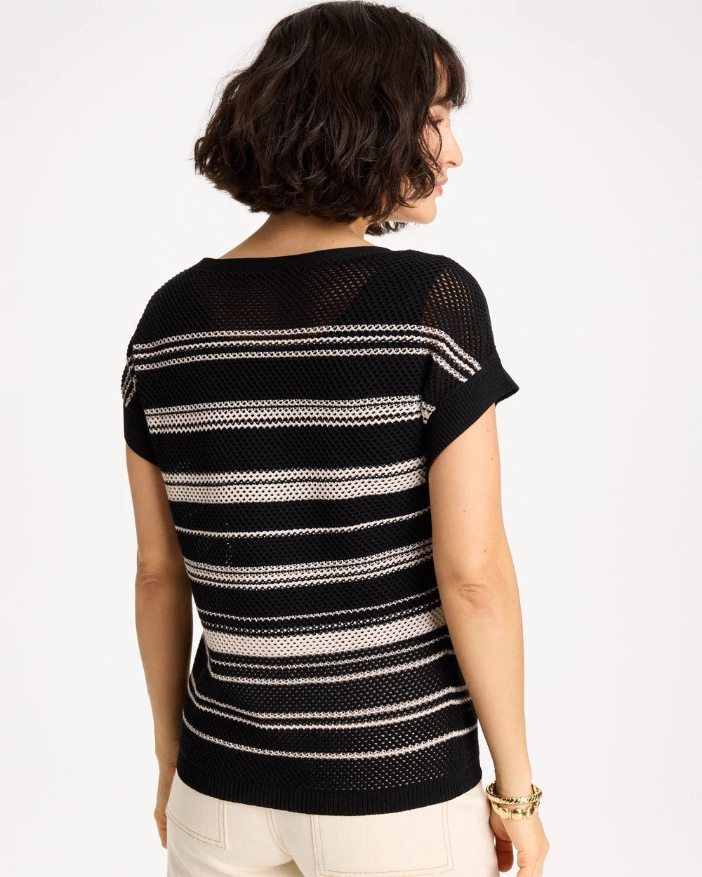 Chico's | Striped Mesh Stitch Pullover Sweater/ Black