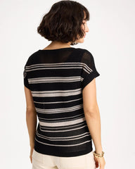 Chico's | Striped Mesh Stitch Pullover Sweater/ Black