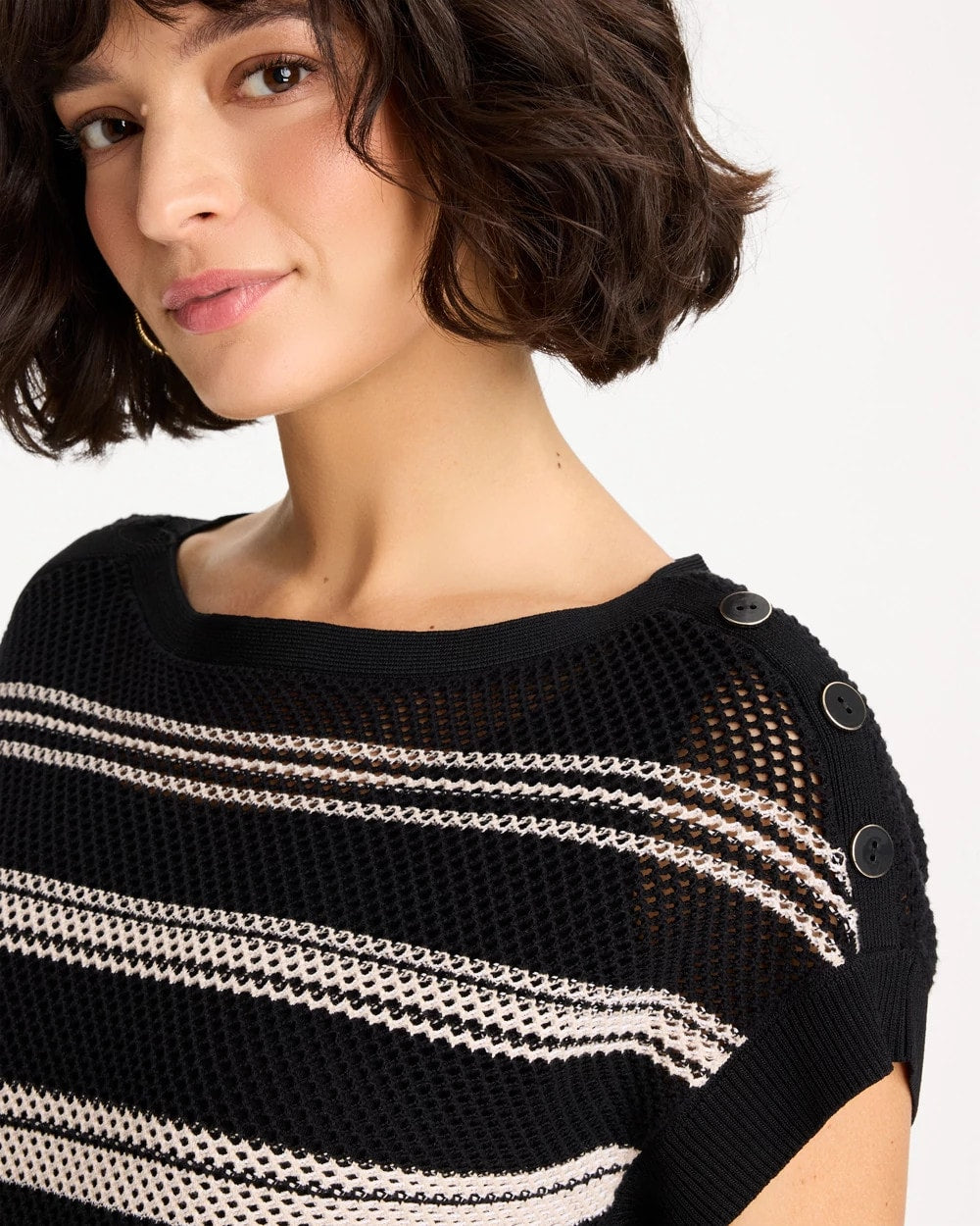 Chico's | Striped Mesh Stitch Pullover Sweater/ Black