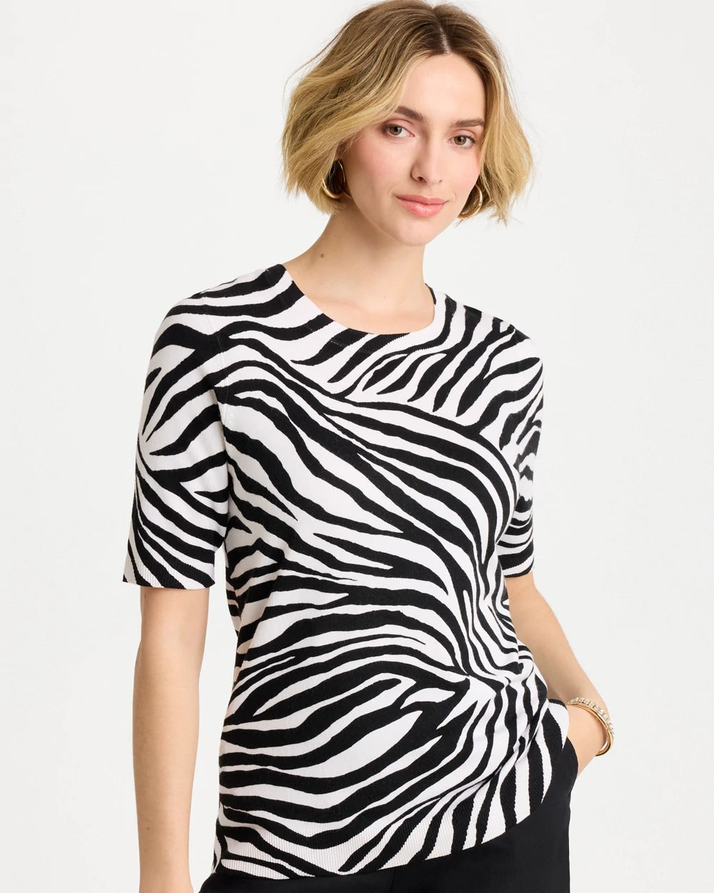 Chico's | Ella Zebra Crewneck Pullover Sweater/ Black