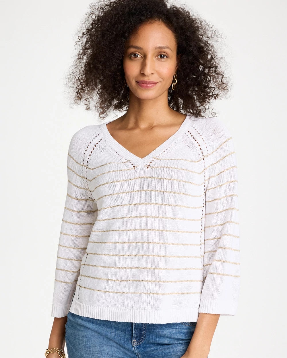Chico's | Metallic Striped Pullover Sweater/ Alabaster