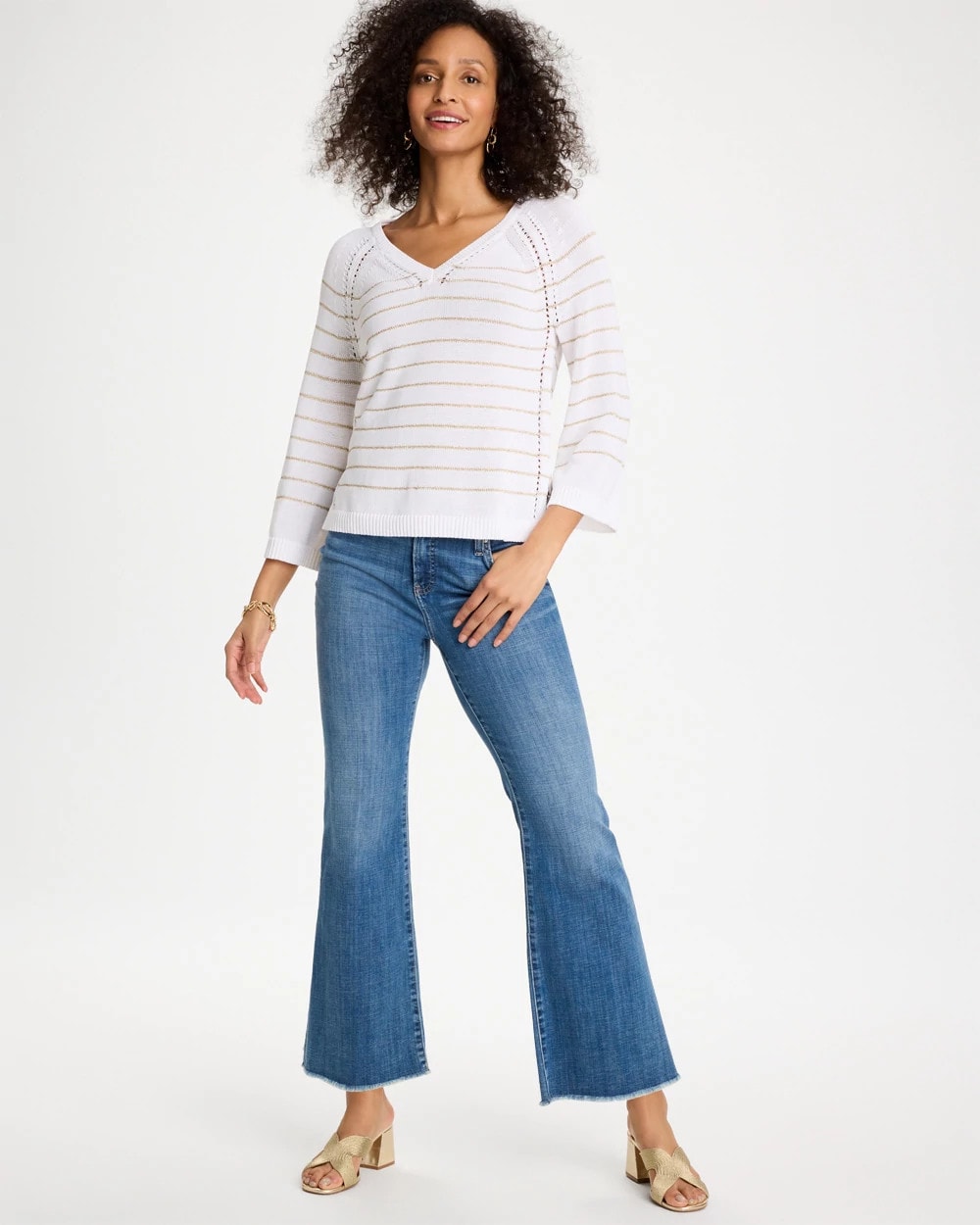 Chico's | Metallic Striped Pullover Sweater/ Alabaster