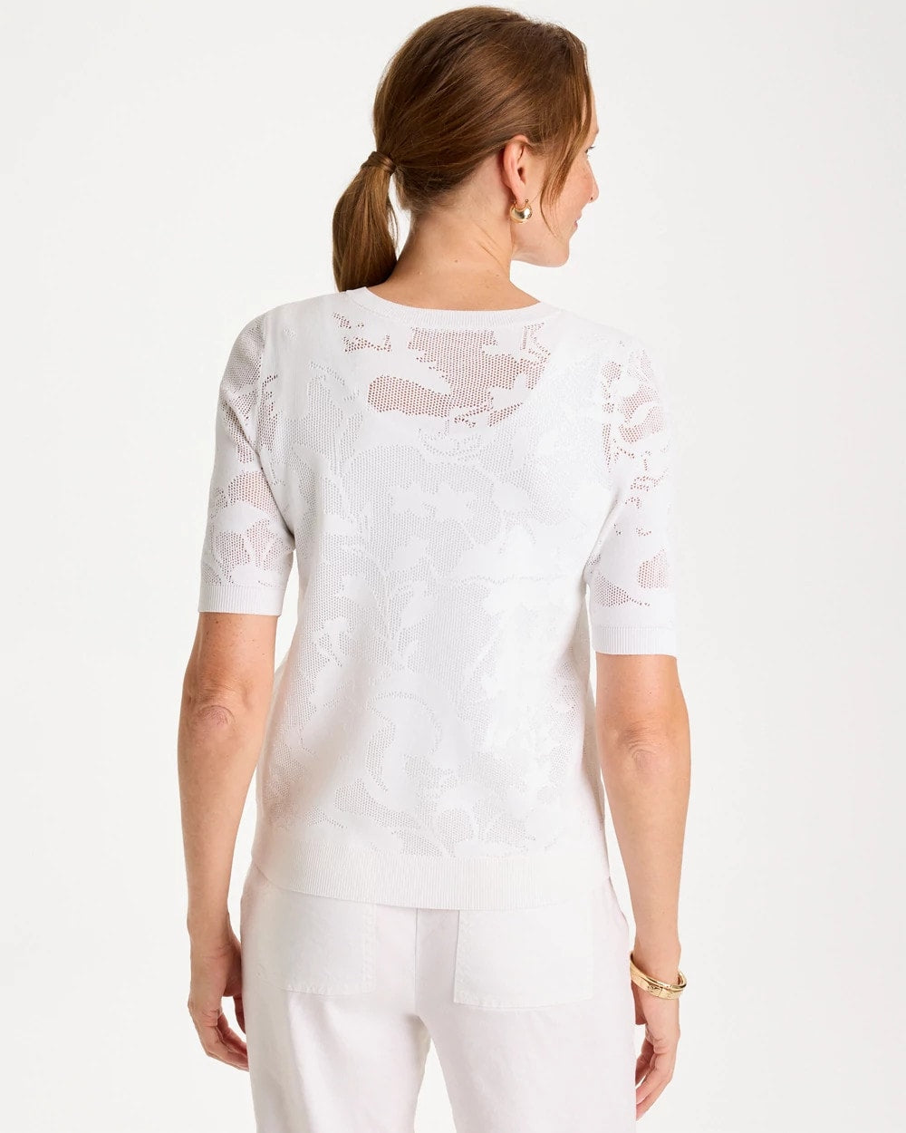 Chico's | Ella Short-Sleeve Pointelle Sweater/ Alabaster