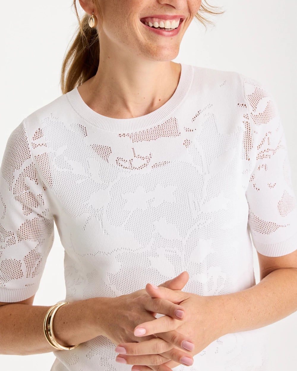 Chico's | Ella Short-Sleeve Pointelle Sweater/ Alabaster