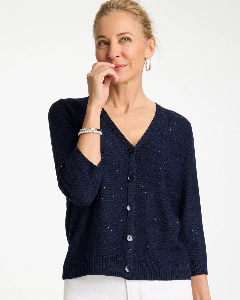 Chico's | Stitchy Sequin V-Neck Cardigan/ Passport Blue
