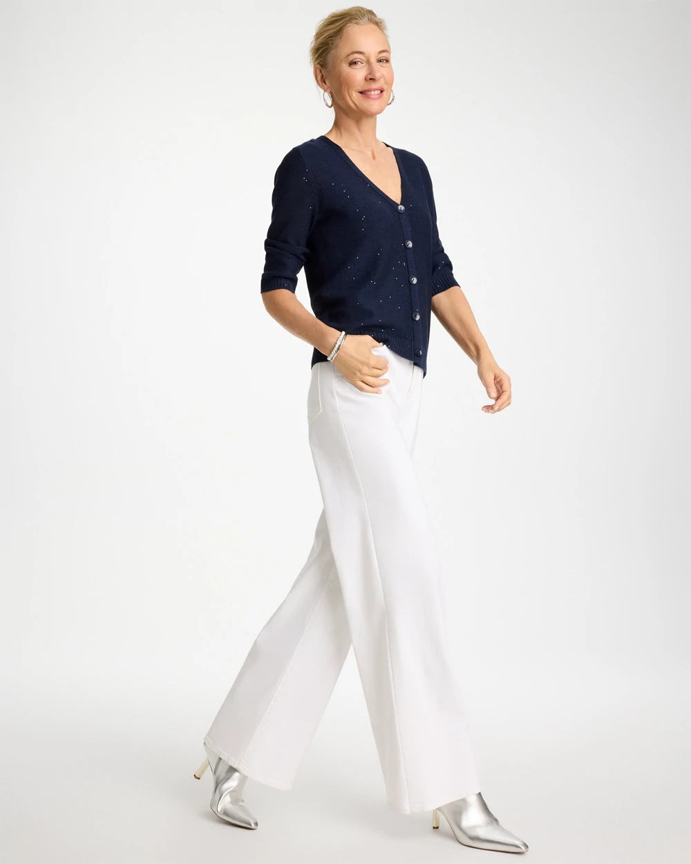 Chico's | Stitchy Sequin V-Neck Cardigan/ Passport Blue