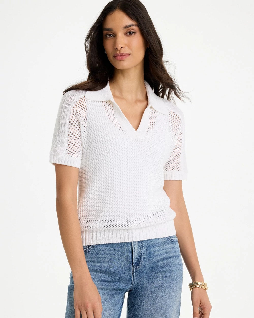 Chico's | Sequin Pointelle Pullover Polo Sweater/ Alabaster