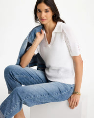 Chico's | Sequin Pointelle Pullover Polo Sweater/ Alabaster