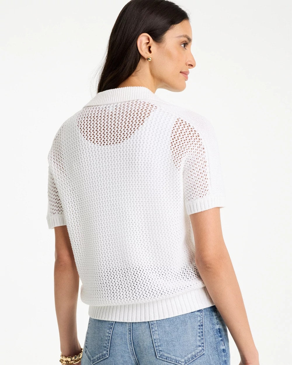 Chico's | Sequin Pointelle Pullover Polo Sweater/ Alabaster