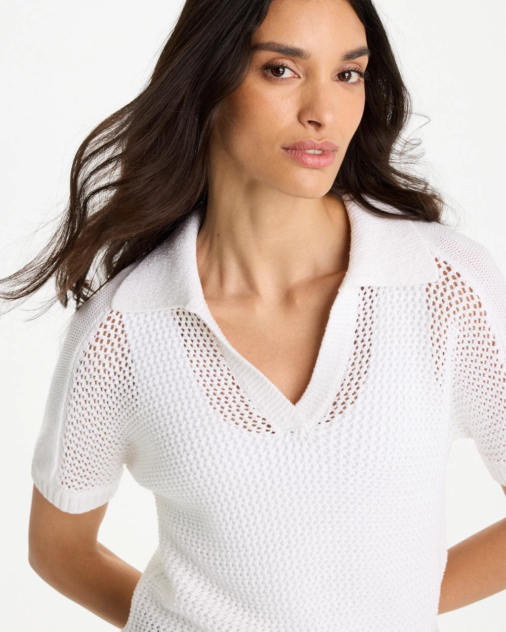 Chico's | Sequin Pointelle Pullover Polo Sweater/ Alabaster