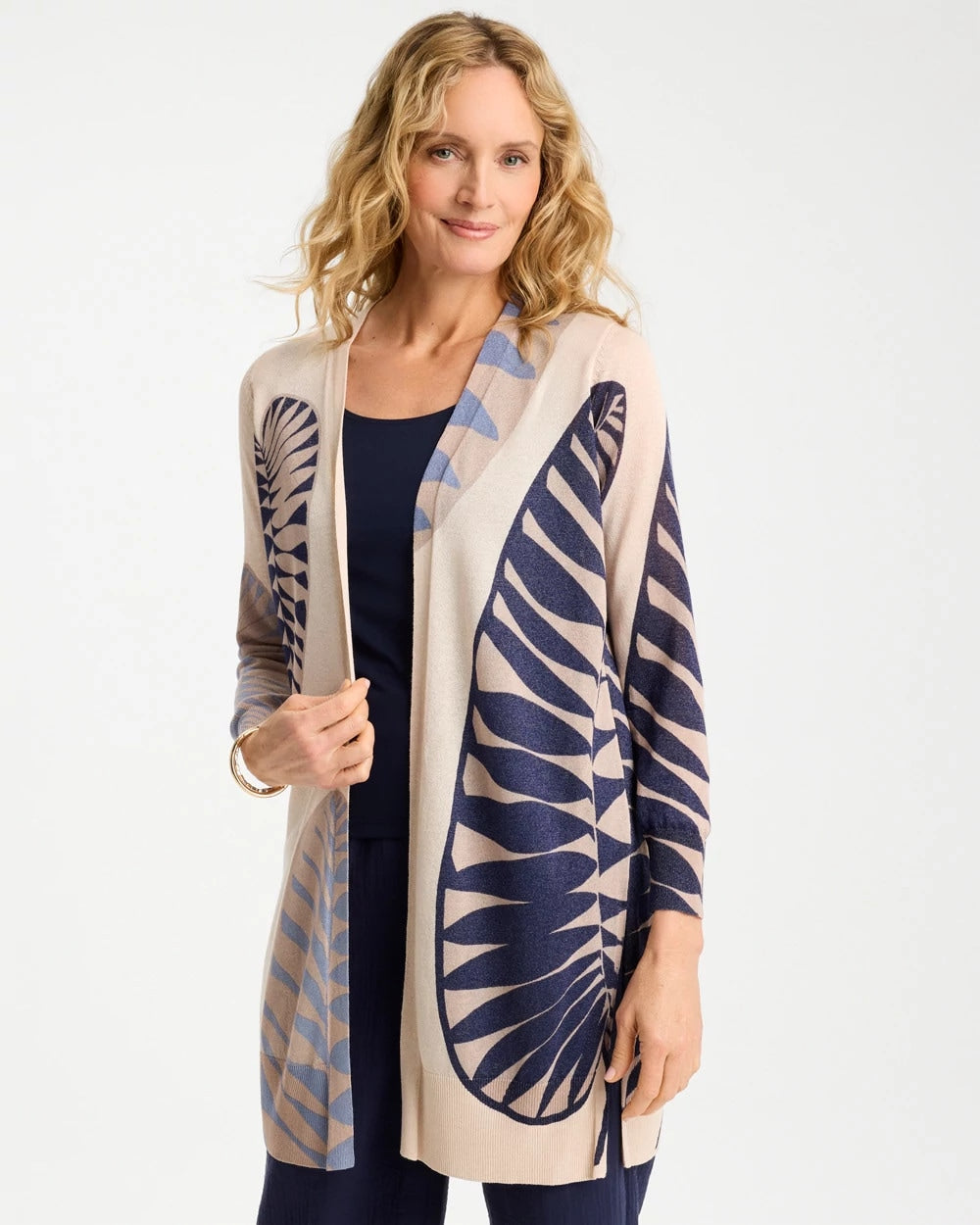 Chico's | Long Leaf Print Summer Romance Cardigan/ Ecru
