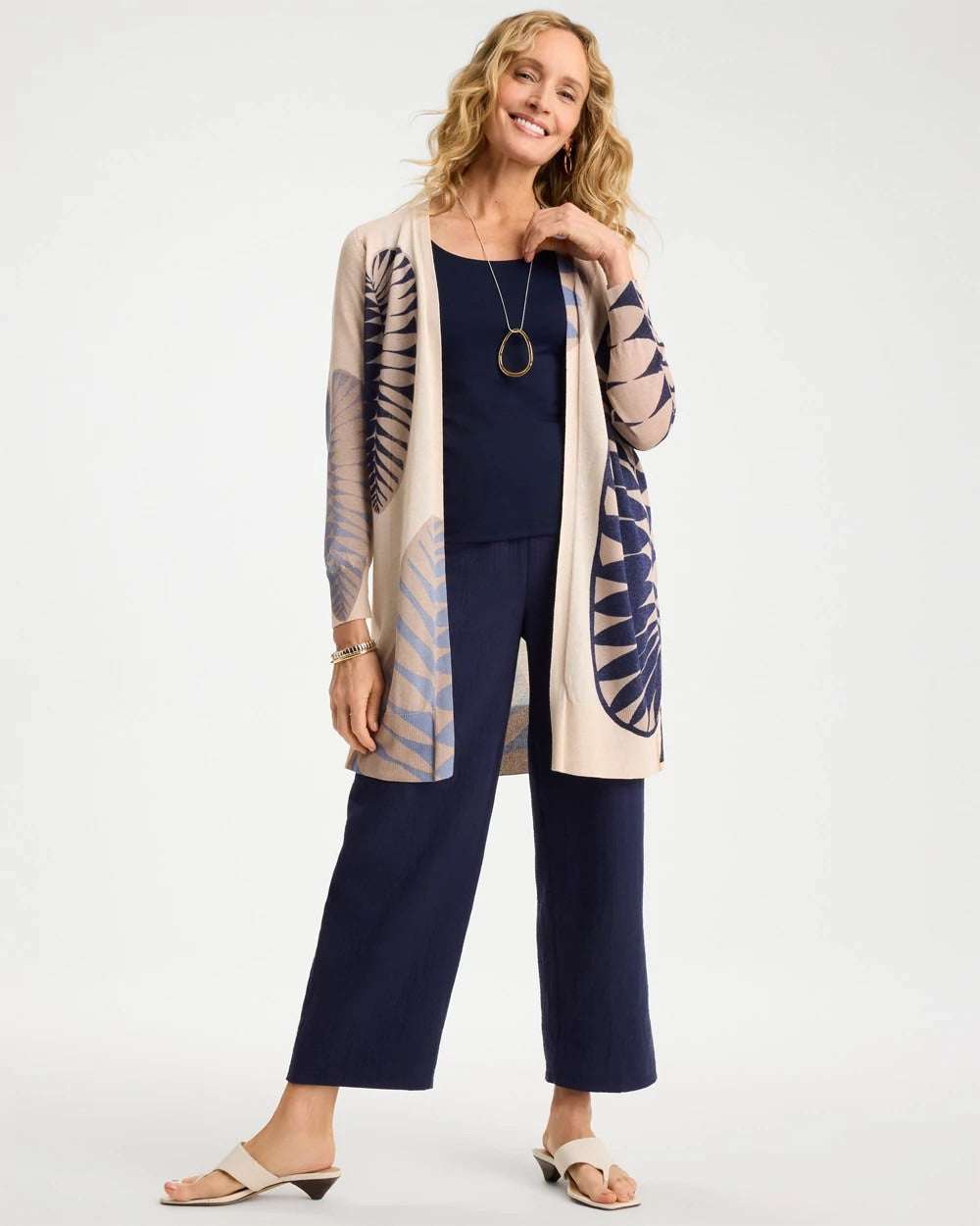 Chico's | Long Leaf Print Summer Romance Cardigan/ Ecru