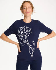 Chico's | Ella Short-Sleeve Floral Sweater/ Passport Blue