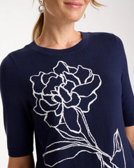 Chico's | Ella Short-Sleeve Floral Sweater/ Passport Blue