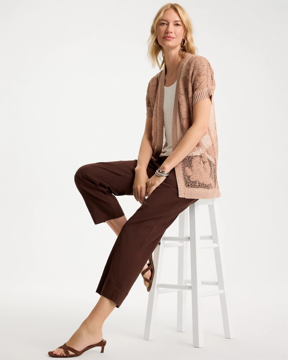 Chico's | Cotton-Blend Crochet Cocoon Cardigan/ Mocha Mousse