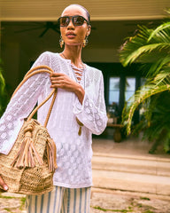 Chico's | Cotton-Linen Lace Notch-Neck Sweater/ Alabaster