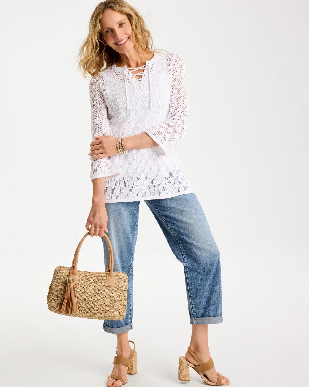 Chico's | Cotton-Linen Lace Notch-Neck Sweater/ Alabaster