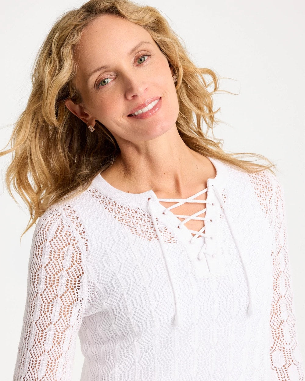 Chico's | Cotton-Linen Lace Notch-Neck Sweater/ Alabaster