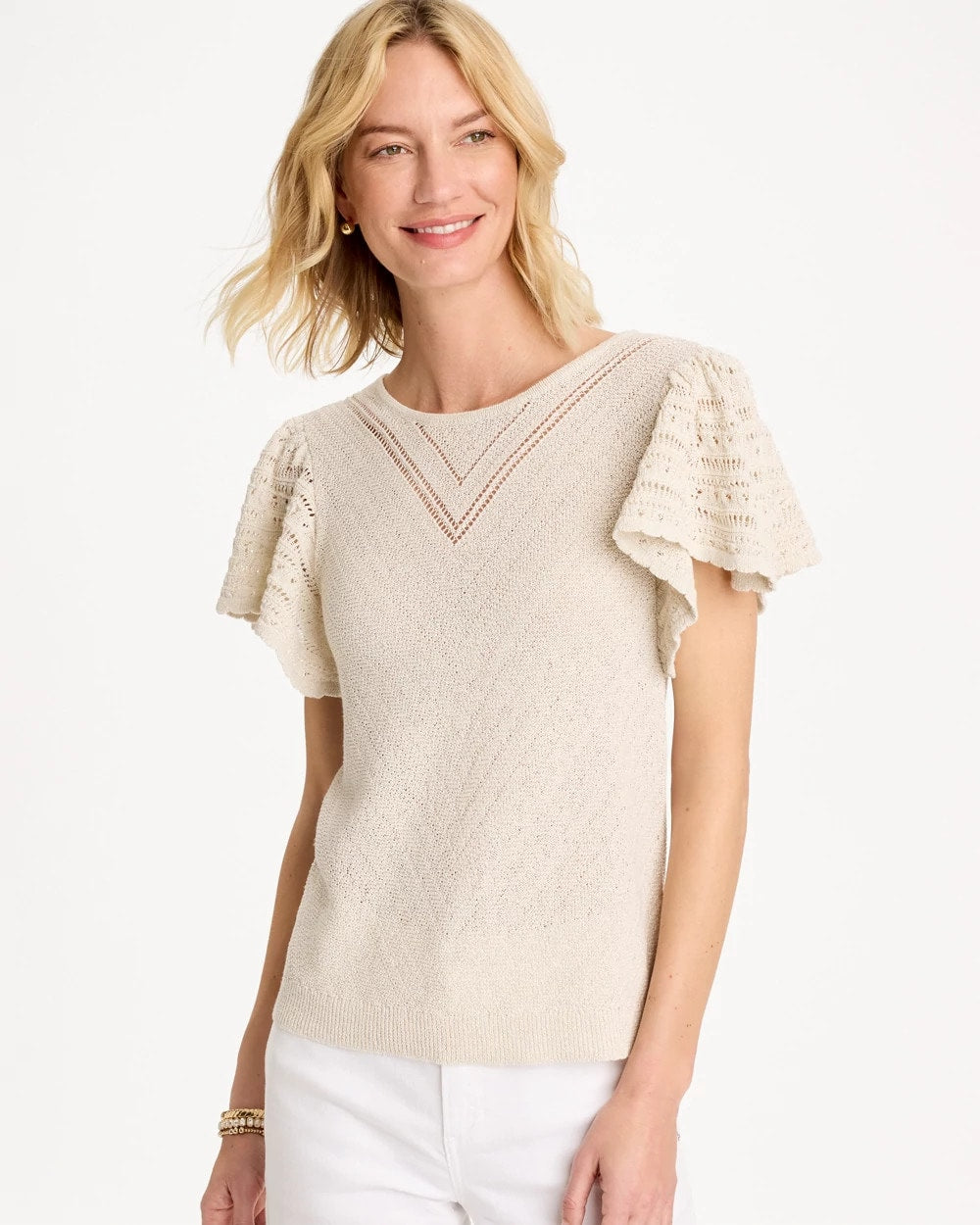 Chico's | Pointelle Metallic Flutter-Sleeve Pullover/ Cream
