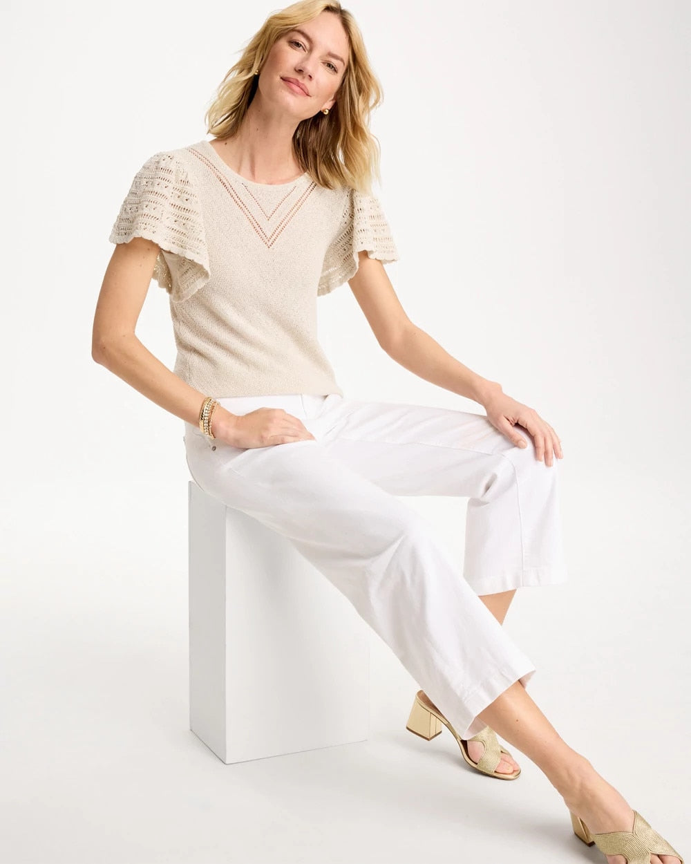 Chico's | Pointelle Metallic Flutter-Sleeve Pullover/ Cream