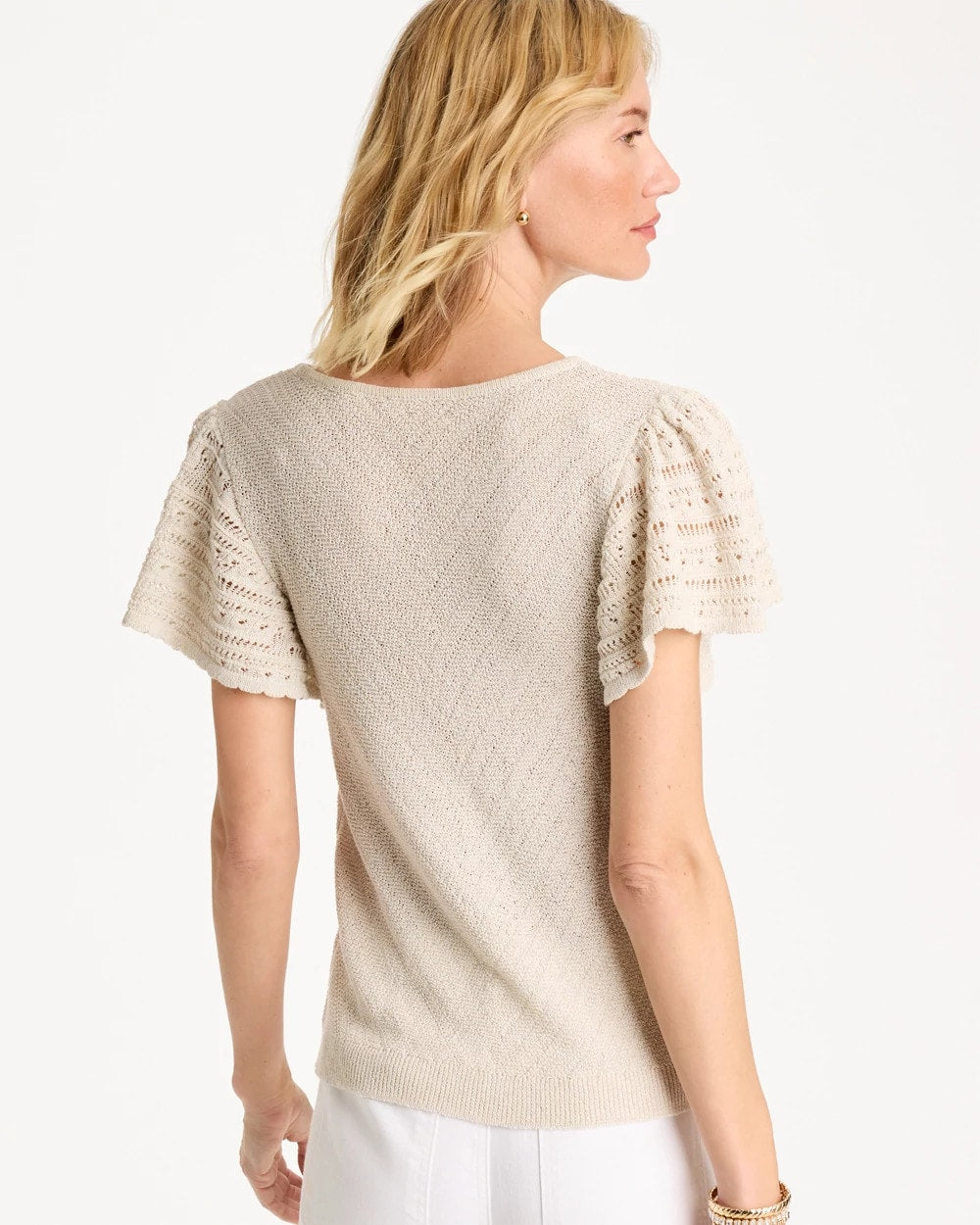 Chico's | Pointelle Metallic Flutter-Sleeve Pullover/ Cream