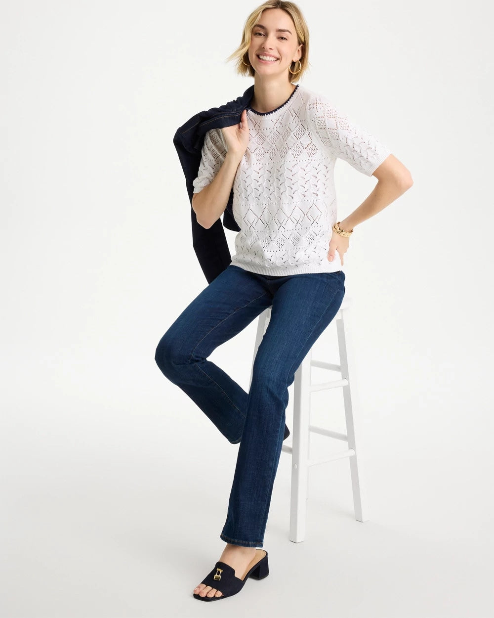 Chico's | Pointelle Blanket-Stitch Pullover Sweater/ Alabaster