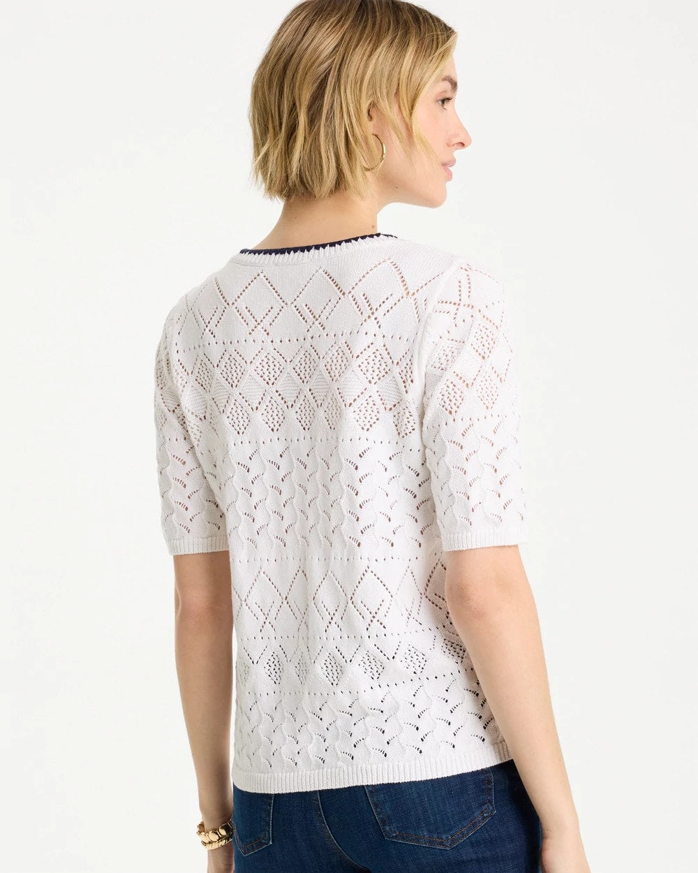 Chico's | Pointelle Blanket-Stitch Pullover Sweater/ Alabaster