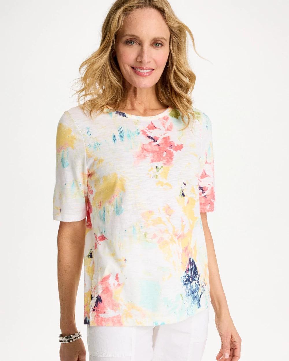 Chico's | Cotton Slub Printed Henley Tee/ Bondi Blue