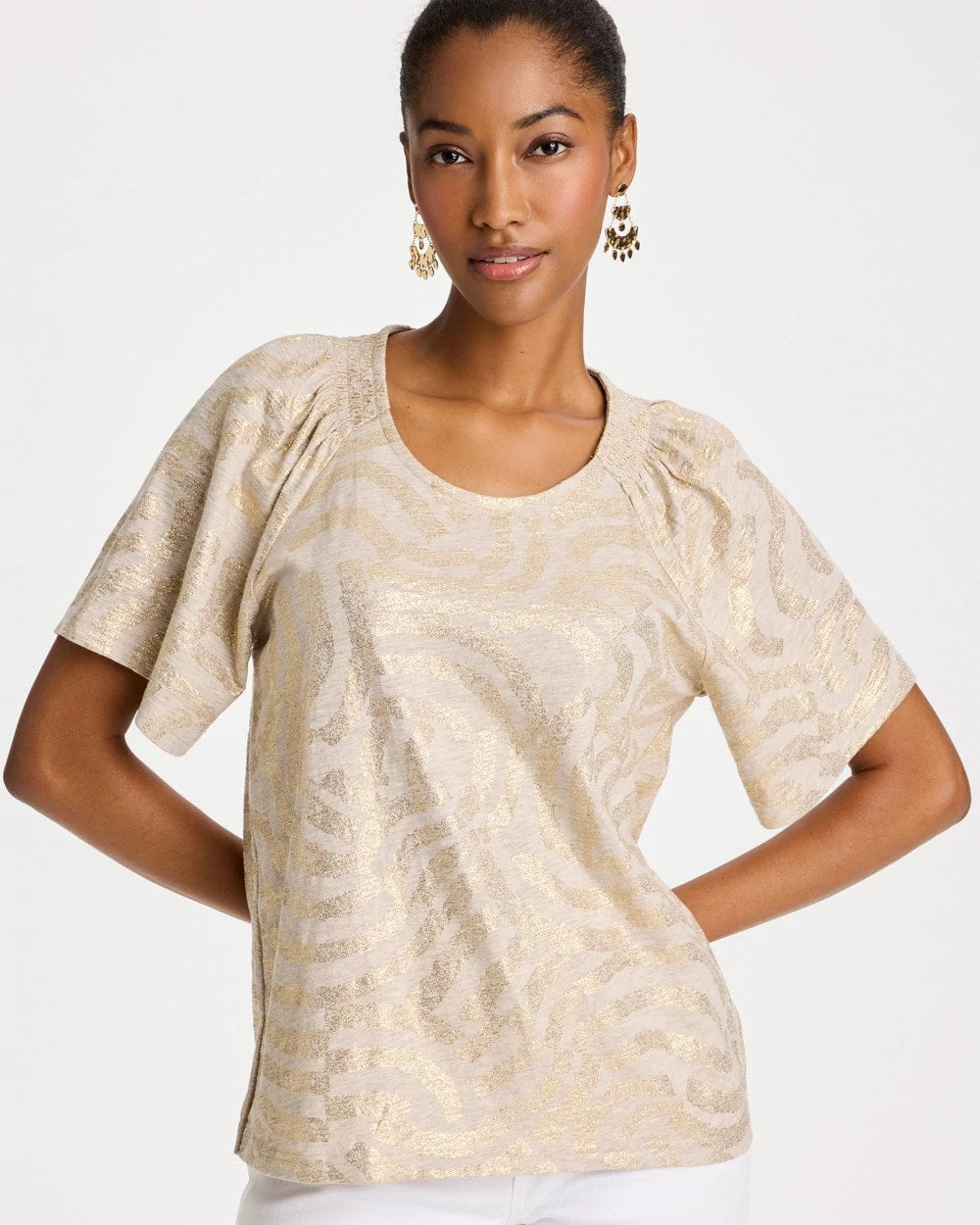 Chico's | Cotton Foiled Shirred Tee/ Smokey Taupe