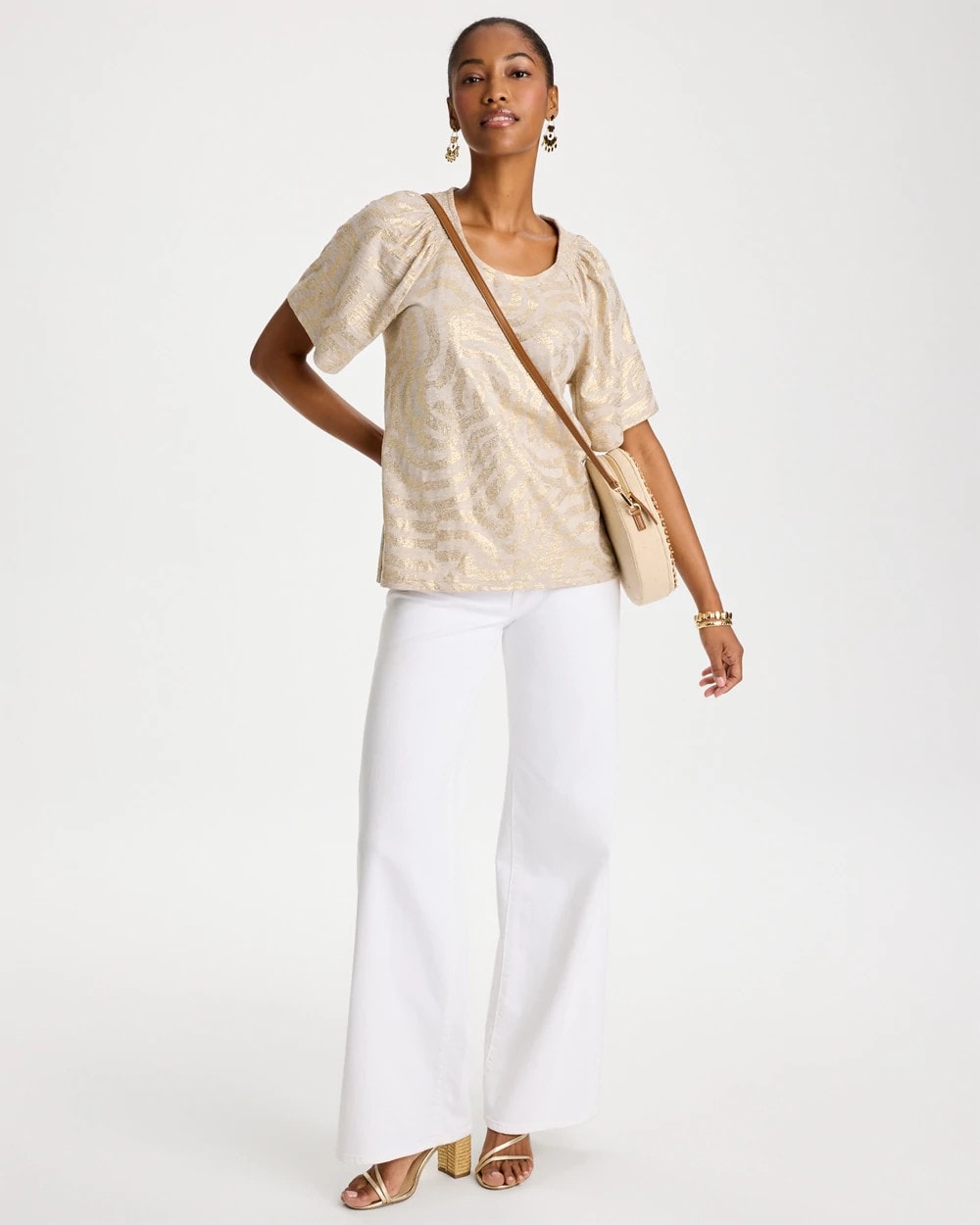 Chico's | Cotton Foiled Shirred Tee/ Smokey Taupe