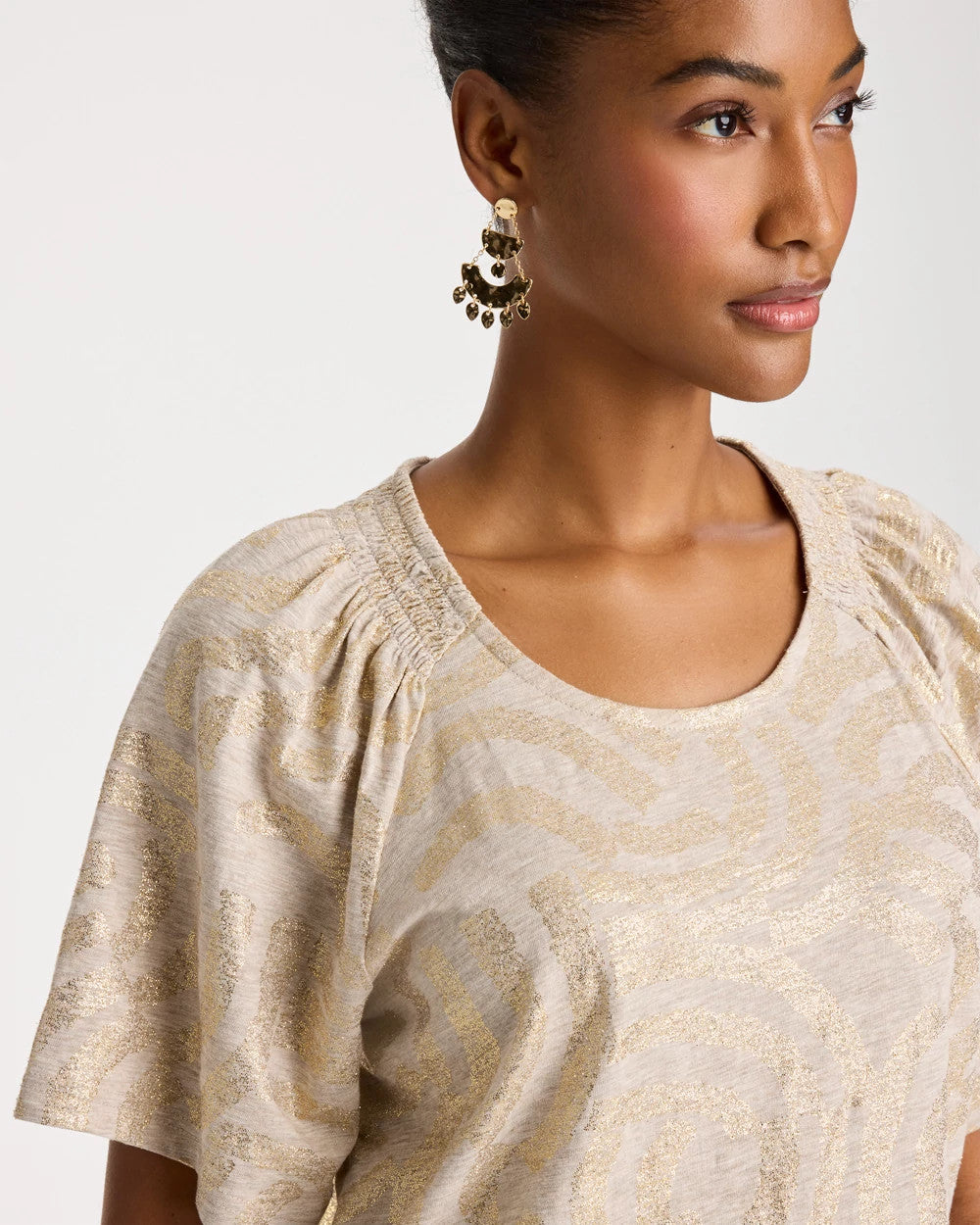 Chico's | Cotton Foiled Shirred Tee/ Smokey Taupe