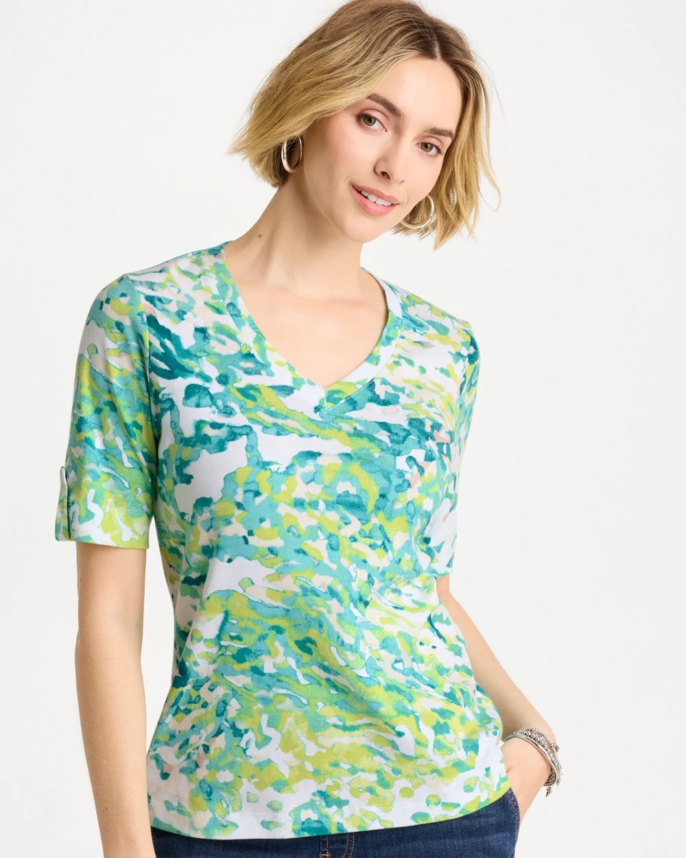Chico's | Pima Printed Elbow Sleeve Tee/ Bondi Blue