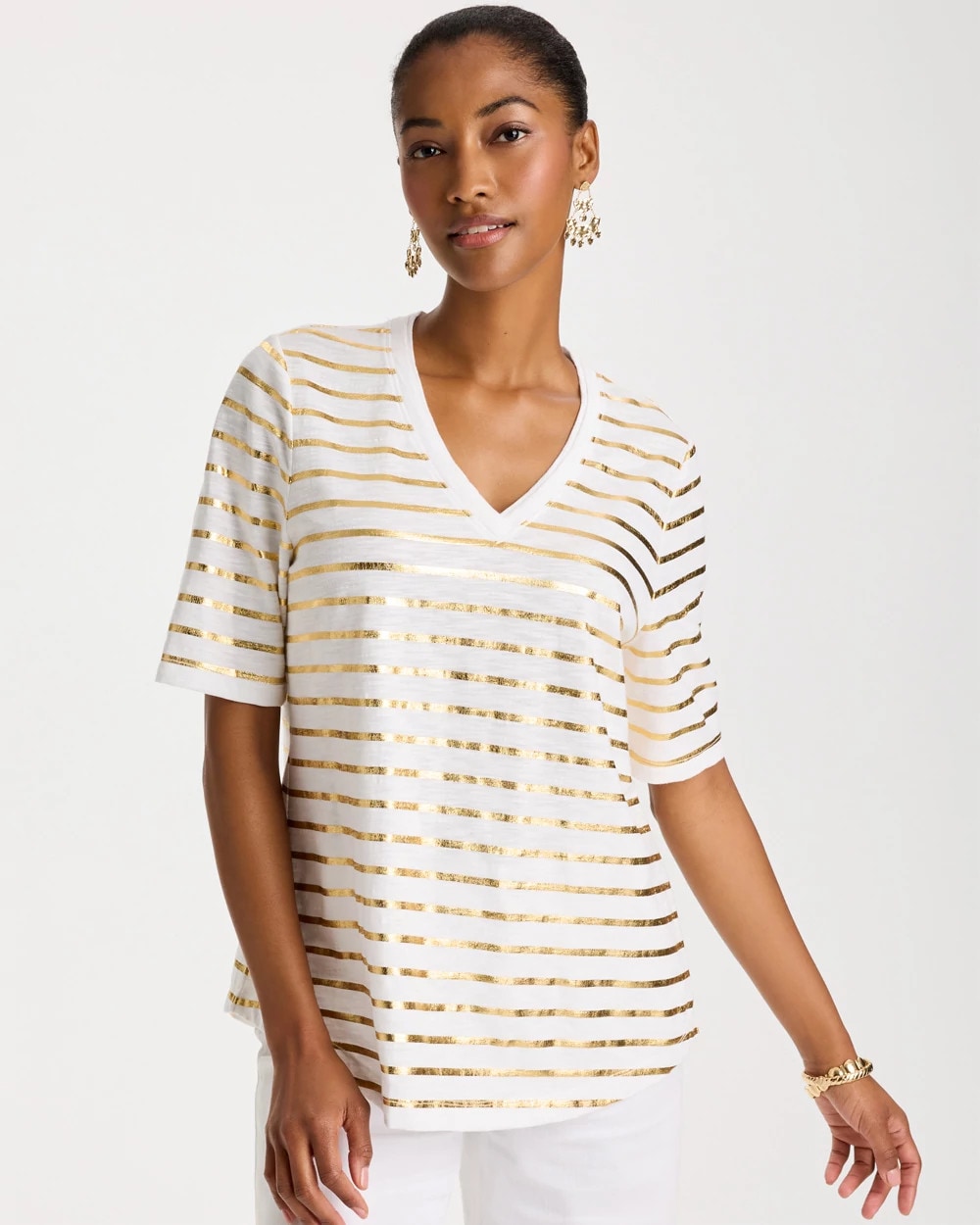 Chico's | Striped Cotton Slub V-Neck Tee/ Alabaster