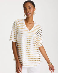 Chico's | Striped Cotton Slub V-Neck Tee/ Alabaster