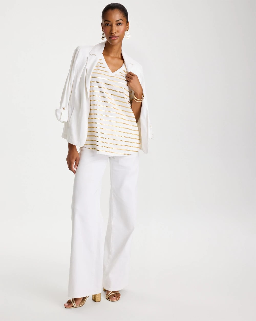 Chico's | Striped Cotton Slub V-Neck Tee/ Alabaster