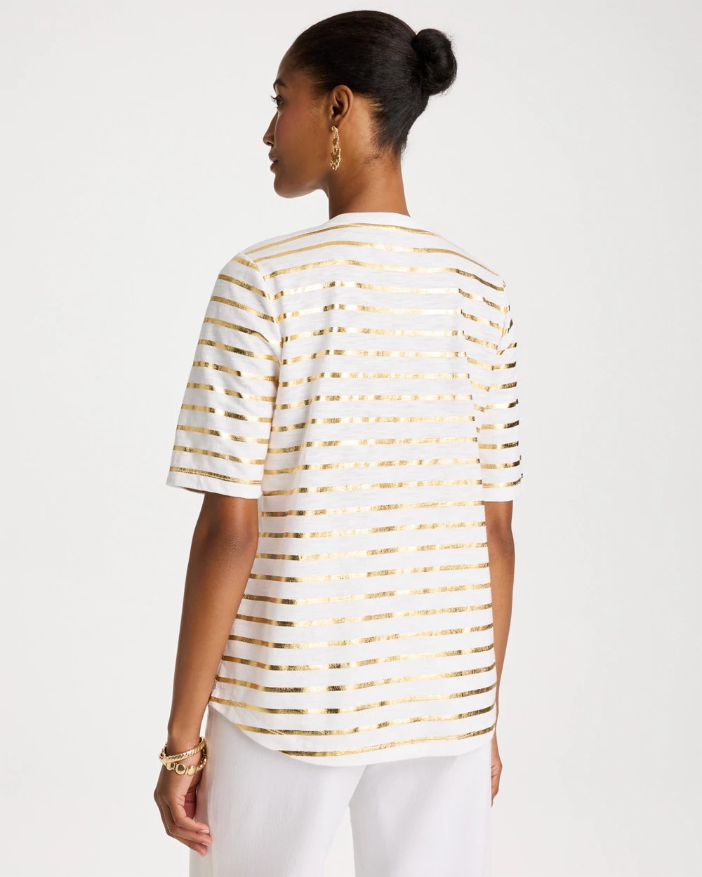 Chico's | Striped Cotton Slub V-Neck Tee/ Alabaster