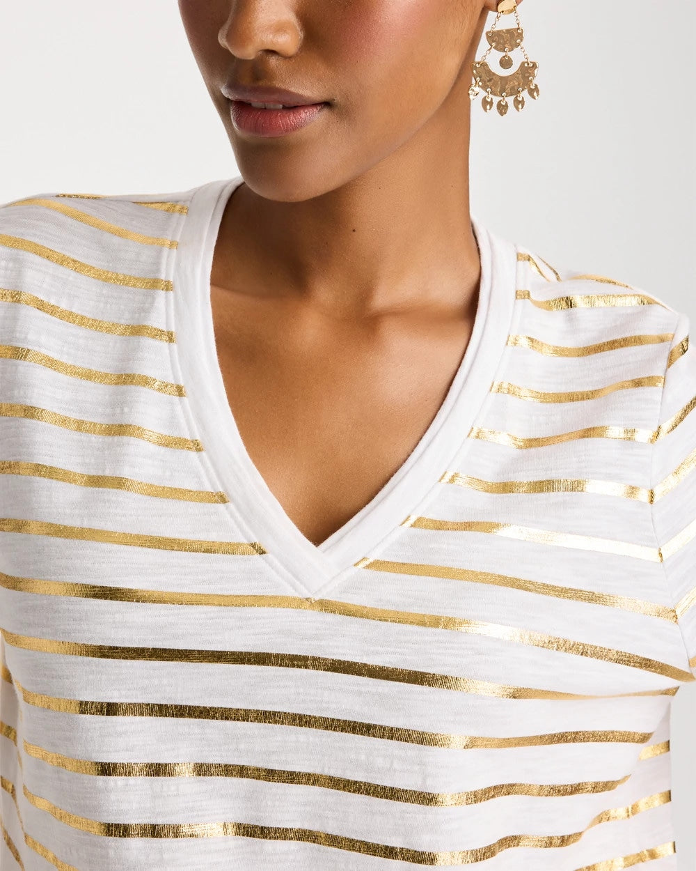 Chico's | Striped Cotton Slub V-Neck Tee/ Alabaster