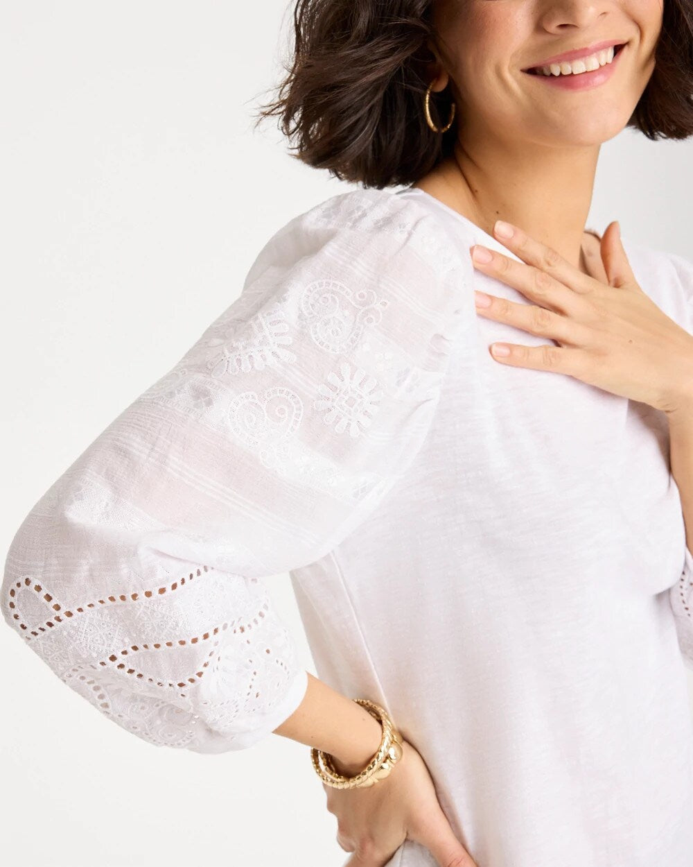 Chico's | Cotton Eyelet Sleeve Tee/ Alabaster