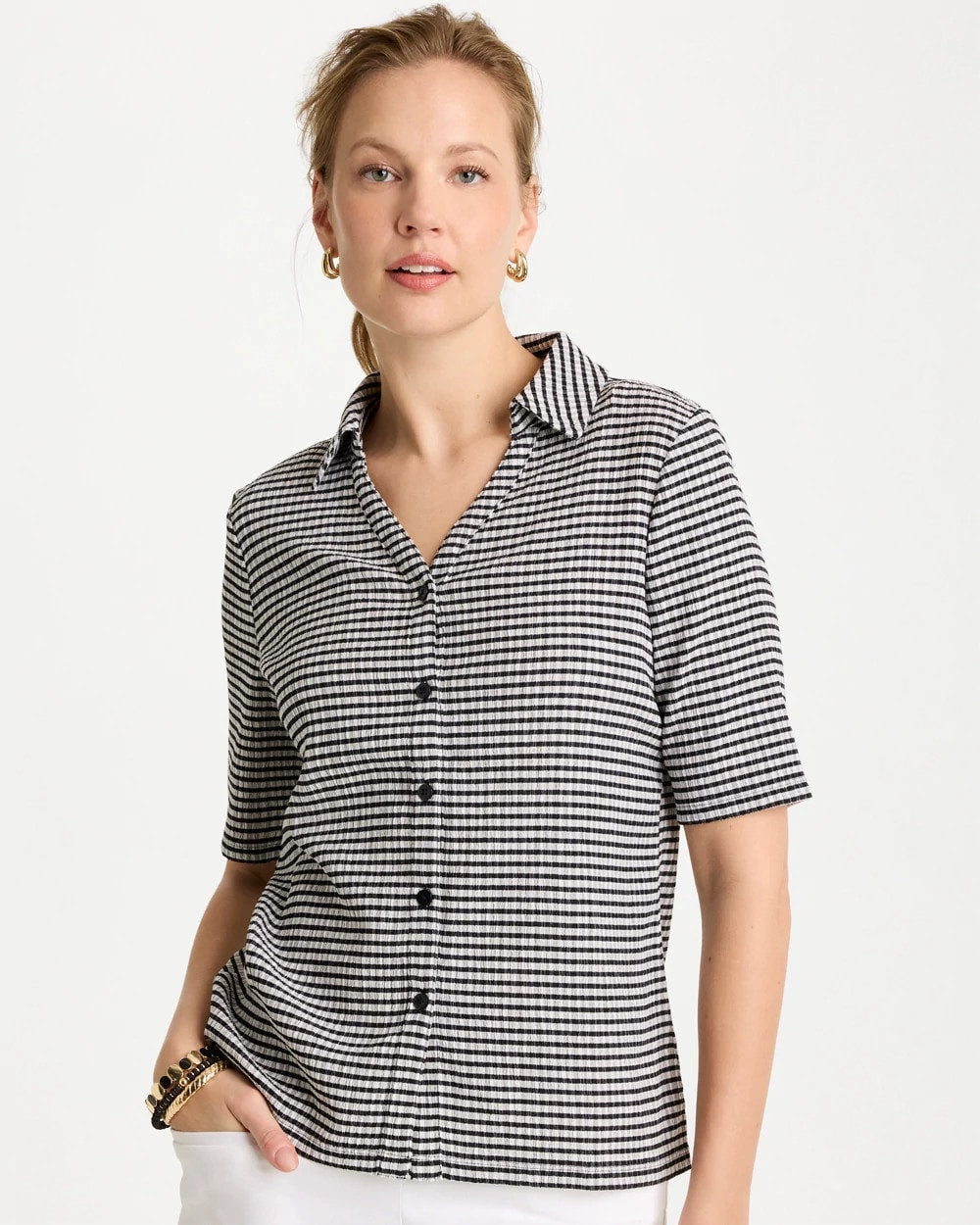 Chico's | Gingham Textured Camp Tee/ Black