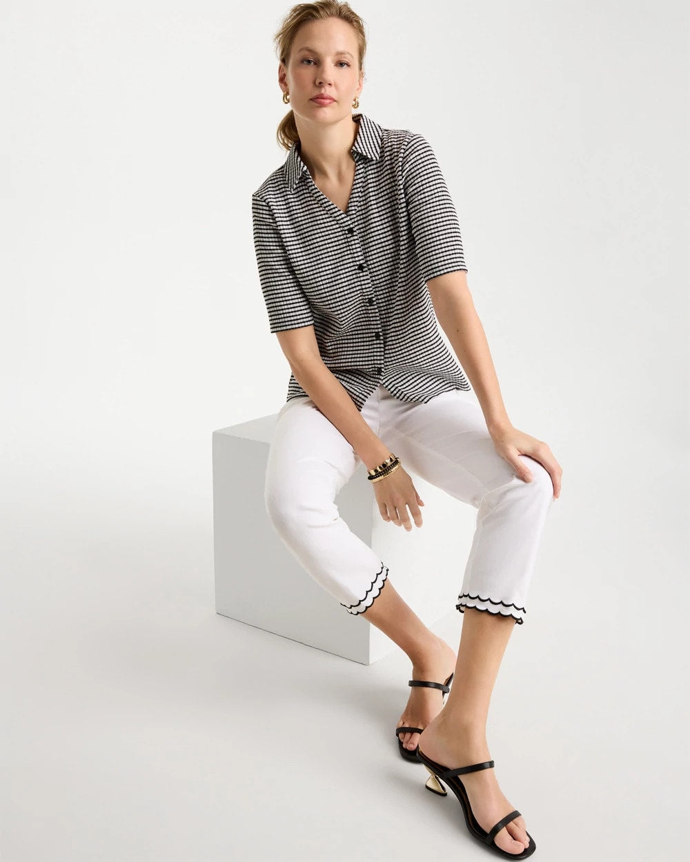 Chico's | Gingham Textured Camp Tee/ Black