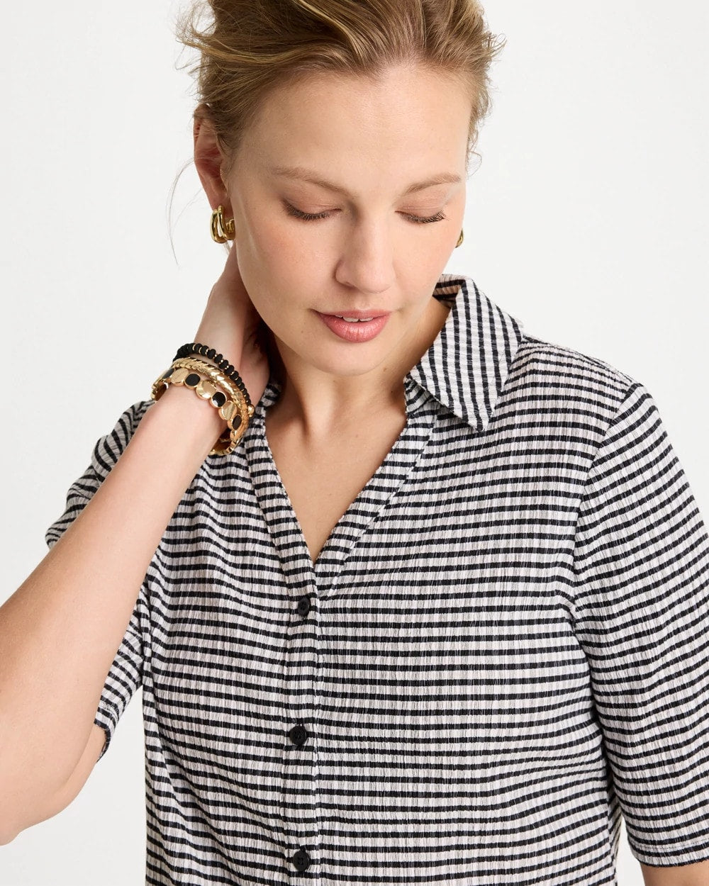Chico's | Gingham Textured Camp Tee/ Black