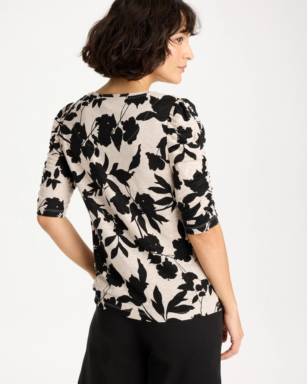 Chico's | Flora Linen Ruched Sleeve Tee/ Black