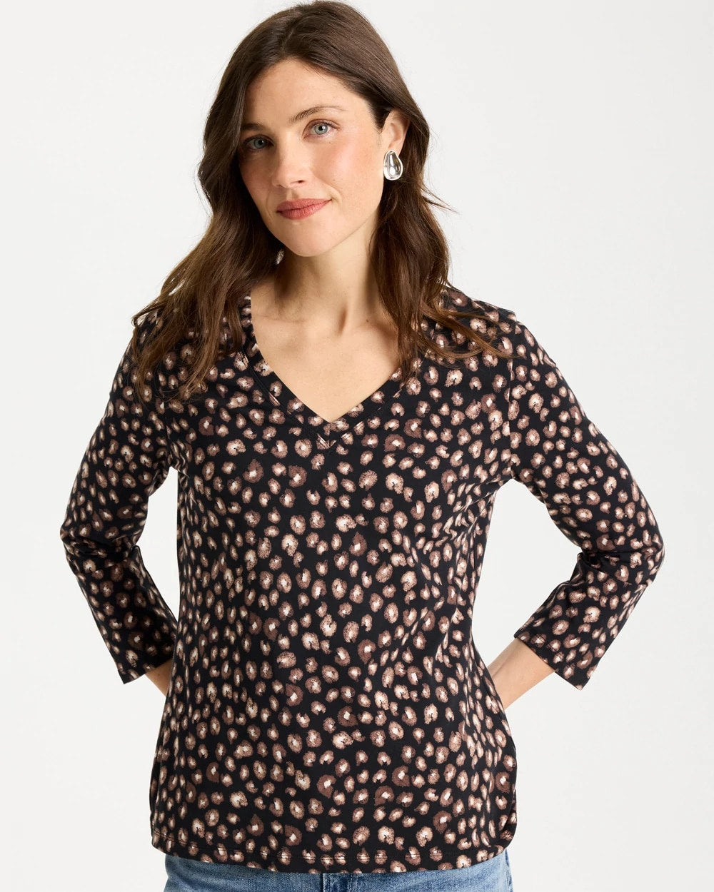 Chico's | Cotton Stretch 3/4 Sleeve Polka Dot Tee/ Black